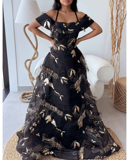 Golden Halter Neck Patch Jacquard Black
