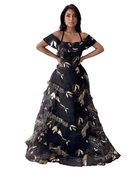 Golden Halter Neck Patch Jacquard Black