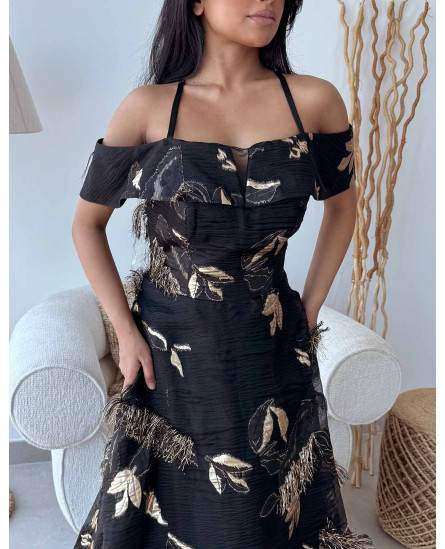 Golden Halter Neck Patch Jacquard Black
